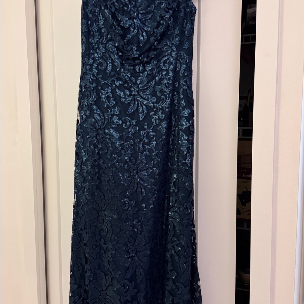 Elegant Blue Lace Evening Gown Tadashi